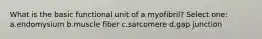 What is the basic functional unit of a myofibril? Select one: a.endomysium b.muscle fiber c.sarcomere d.gap junction