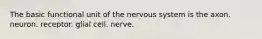 The basic functional unit of the nervous system is the axon. neuron. receptor. glial cell. nerve.