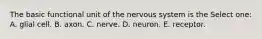 The basic functional unit of the nervous system is the Select one: A. glial cell. B. axon. C. nerve. D. neuron. E. receptor.