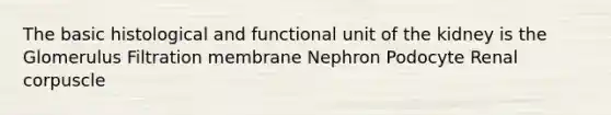 The basic histological and functional unit of the kidney is the Glomerulus Filtration membrane Nephron Podocyte Renal corpuscle