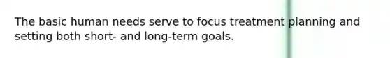 The basic human needs serve to focus treatment planning and setting both short- and long-term goals.