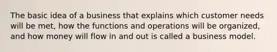 The basic idea of a business that explains which customer needs will be met, how the functions and operations will be organized, and how money will flow in and out is called a business model.