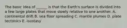 The basic idea of ______ is that the Earth's surface is divided into a few large plates that move slowly relative to one another. A. continental drift B. sea floor spreading C. mantle plumes D. plate tectonics E. isostasy