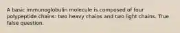 A basic immunoglobulin molecule is composed of four polypeptide chains: two heavy chains and two light chains. True false question.