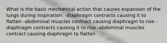 What is the basic mechanical action that causes expansion of the lungs during inspiration: -diaphragm contracts causing it to flatten -abdominal muscles contract causing diaphragm to rise -diaphragm contracts causing it to rise -abdominal muscles contract causing diaphragm to flatten