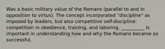 Was a basic military value of the Romans (parallel to and in opposition to virtus). The concept incorporated "discipline" as imposed by leaders, but also competitive self-discipline: competition in obedience, training, and laboring. __________ is important in understanding how and why the Romans became so successful.