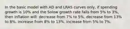 In the basic model with AD and LRAS curves only, if spending growth is 10% and the Solow growth rate falls from 5% to 3%, then inflation will: decrease from 7% to 5%. decrease from 13% to 8%. increase from 8% to 13%. increase from 5% to 7%.