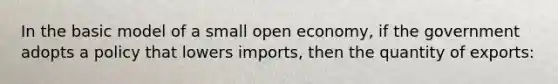 In the basic model of a small open economy, if the government adopts a policy that lowers imports, then the quantity of exports: