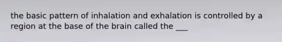 the basic pattern of inhalation and exhalation is controlled by a region at the base of <a href='https://www.questionai.com/knowledge/kLMtJeqKp6-the-brain' class='anchor-knowledge'>the brain</a> called the ___