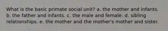 What is the basic primate social unit? a. the mother and infants. b. the father and infants. c. the male and female. d. sibling relationships. e. the mother and the mother's mother and sister.