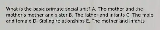 ​What is the basic primate social unit? A. ​The mother and the mother's mother and sister B. The father and infants ​C. The male and female ​D. Sibling relationships E. The mother and infants