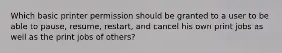 Which basic printer permission should be granted to a user to be able to pause, resume, restart, and cancel his own print jobs as well as the print jobs of others?