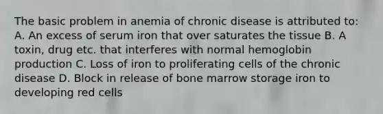 The basic problem in anemia of chronic disease is attributed to: A. An excess of serum iron that over saturates the tissue B. A toxin, drug etc. that interferes with normal hemoglobin production C. Loss of iron to proliferating cells of the chronic disease D. Block in release of bone marrow storage iron to developing red cells