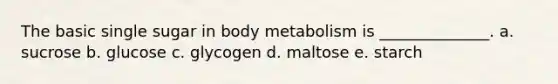 The basic single sugar in body metabolism is ______________. a. sucrose b. glucose c. glycogen d. maltose e. starch