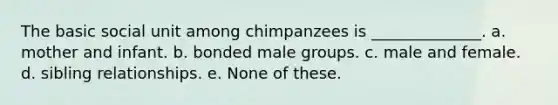 The basic social unit among chimpanzees is ______________. a. mother and infant. b. bonded male groups. c. male and female. d. sibling relationships. e. None of these.