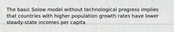 The basic Solow model without technological progress implies that countries with higher population growth rates have lower steady-state incomes per capita