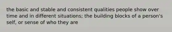 the basic and stable and consistent qualities people show over time and in different situations; the building blocks of a person's self, or sense of who they are