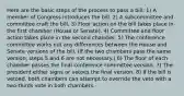 Here are the basic steps of the process to pass a bill: 1) A member of Congress introduces the bill. 2) A subcommittee and committee craft the bill. 3) Floor action on the bill takes place in the first chamber (House or Senate). 4) Committee and floor action takes place in the second chamber. 5) The conference committee works out any differences between the House and Senate versions of the bill. (If the two chambers pass the same version, steps 5 and 6 are not necessary.) 6) The floor of each chamber passes the final conference committee version. 7) The president either signs or vetoes the final version. 8) If the bill is vetoed, both chambers can attempt to override the veto with a two-thirds vote in both chambers.