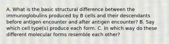 A. What is the basic structural difference between the immunoglobulins produced by B cells and their descendants before antigen encounter and after antigen encounter? B. Say which cell type(s) produce each form. C. In which way do these different molecular forms resemble each other?