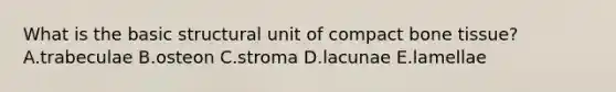 What is the basic structural unit of compact bone tissue? A.trabeculae B.osteon C.stroma D.lacunae E.lamellae