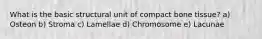 What is the basic structural unit of compact bone tissue? a) Osteon b) Stroma c) Lamellae d) Chromosome e) Lacunae