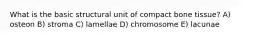 What is the basic structural unit of compact bone tissue? A) osteon B) stroma C) lamellae D) chromosome E) lacunae