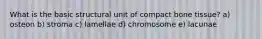 What is the basic structural unit of compact bone tissue? a) osteon b) stroma c) lamellae d) chromosome e) lacunae