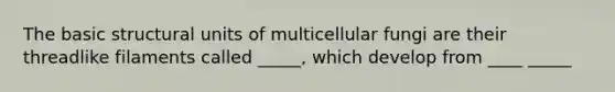 The basic structural units of multicellular fungi are their threadlike filaments called _____, which develop from ____ _____