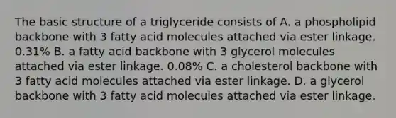 The basic structure of a triglyceride consists of A. a phospholipid backbone with 3 fatty acid molecules attached via ester linkage. 0.31% B. a fatty acid backbone with 3 glycerol molecules attached via ester linkage. 0.08% C. a cholesterol backbone with 3 fatty acid molecules attached via ester linkage. D. a glycerol backbone with 3 fatty acid molecules attached via ester linkage.