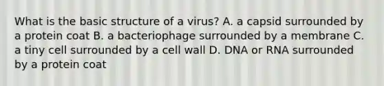 What is the basic structure of a virus? A. a capsid surrounded by a protein coat B. a bacteriophage surrounded by a membrane C. a tiny cell surrounded by a cell wall D. DNA or RNA surrounded by a protein coat