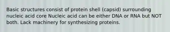 Basic structures consist of protein shell (capsid) surrounding nucleic acid core Nucleic acid can be either DNA or RNA but NOT both. Lack machinery for synthesizing proteins.