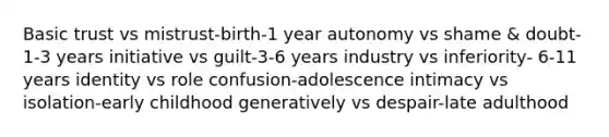 Basic trust vs mistrust-birth-1 year autonomy vs shame & doubt-1-3 years initiative vs guilt-3-6 years industry vs inferiority- 6-11 years identity vs role confusion-adolescence intimacy vs isolation-early childhood generatively vs despair-late adulthood