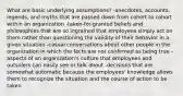 What are basic underlying assumptions? -anecdotes, accounts, legends, and myths that are passed down from cohort to cohort within an organization -taken-for-granted beliefs and philosophies that are so ingrained that employees simply act on them rather than questioning the validity of their behavior in a given situation -casual conversations about other people in the organization in which the facts are not confirmed as being true -aspects of an organization's culture that employees and outsiders can easily see or talk about -decisions that are somewhat automatic because the employees' knowledge allows them to recognize the situation and the course of action to be taken