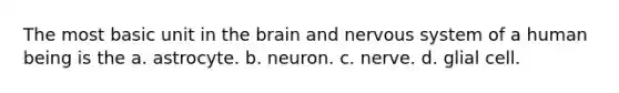 ​The most basic unit in the brain and nervous system of a human being is the ​a. astrocyte. b. ​neuron. ​c. nerve. ​d. glial cell.