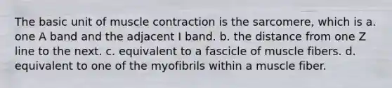 The basic unit of <a href='https://www.questionai.com/knowledge/k0LBwLeEer-muscle-contraction' class='anchor-knowledge'>muscle contraction</a> is the sarcomere, which is a. one A band and the adjacent I band. b. the distance from one Z line to the next. c. equivalent to a fascicle of muscle fibers. d. equivalent to one of the myofibrils within a muscle fiber.