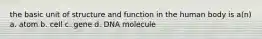 the basic unit of structure and function in the human body is a(n) a. atom b. cell c. gene d. DNA molecule