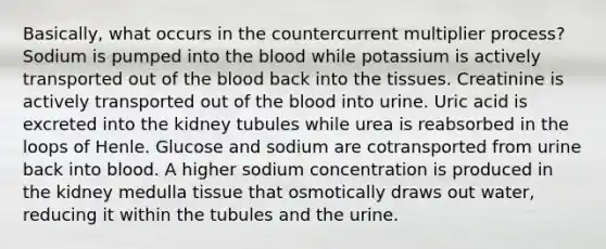 Basically, what occurs in the countercurrent multiplier process? Sodium is pumped into the blood while potassium is actively transported out of the blood back into the tissues. Creatinine is actively transported out of the blood into urine. Uric acid is excreted into the kidney tubules while urea is reabsorbed in the loops of Henle. Glucose and sodium are cotransported from urine back into blood. A higher sodium concentration is produced in the kidney medulla tissue that osmotically draws out water, reducing it within the tubules and the urine.