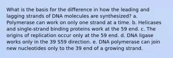 What is the basis for the difference in how the leading and lagging strands of DNA molecules are synthesized? a. Polymerase can work on only one strand at a time. b. Helicases and single-strand binding proteins work at the 59 end. c. The origins of replication occur only at the 59 end. d. DNA ligase works only in the 39 S59 direction. e. DNA polymerase can join new nucleotides only to the 39 end of a growing strand.