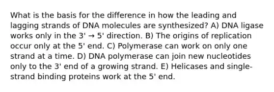 What is the basis for the difference in how the leading and lagging strands of DNA molecules are synthesized? A) DNA ligase works only in the 3' → 5' direction. B) The origins of replication occur only at the 5' end. C) Polymerase can work on only one strand at a time. D) DNA polymerase can join new nucleotides only to the 3' end of a growing strand. E) Helicases and single-strand binding proteins work at the 5' end.