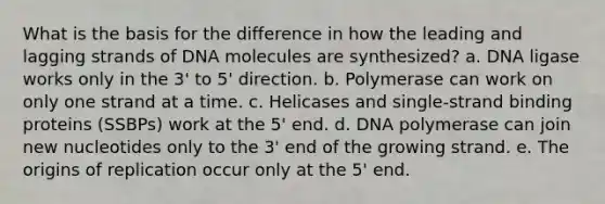 What is the basis for the difference in how the leading and lagging strands of DNA molecules are synthesized? a. DNA ligase works only in the 3' to 5' direction. b. Polymerase can work on only one strand at a time. c. Helicases and single-strand binding proteins (SSBPs) work at the 5' end. d. DNA polymerase can join new nucleotides only to the 3' end of the growing strand. e. The origins of replication occur only at the 5' end.