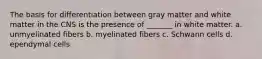 The basis for differentiation between gray matter and white matter in the CNS is the presence of _______ in white matter. a. unmyelinated fibers b. myelinated fibers c. Schwann cells d. ependymal cells