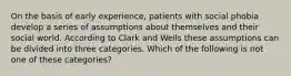 On the basis of early experience, patients with social phobia develop a series of assumptions about themselves and their social world. According to Clark and Wells these assumptions can be divided into three categories. Which of the following is not one of these categories?