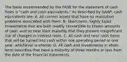 The basis recommended by the FASB for the statement of cash flows is "cash and cash equivalents." As described by GAAP, cash equivalents are: A. All current assets that have no realization problems associated with them. B. Short-term, highly liquid investments that are both readily convertible to known amounts of cash, and so near their maturity that they present insignificant risk of changes in interest rates. C. All cash and near cash items that will be turned into cash within one operating period or one year, whichever is shorter. D. All cash and investments in short-term securities that have a maturity of three months or less from the date of the financial statements.