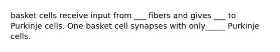 basket cells receive input from ___ fibers and gives ___ to Purkinje cells. One basket cell synapses with only_____ Purkinje cells.