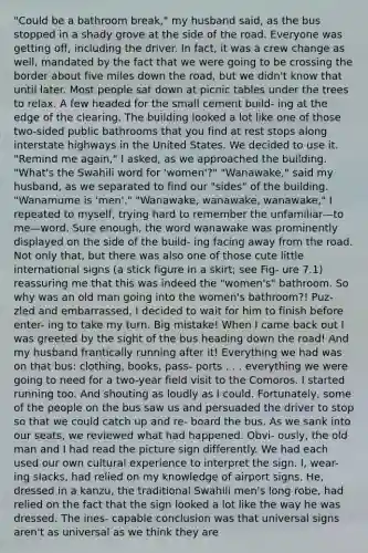 "Could be a bathroom break," my husband said, as the bus stopped in a shady grove at the side of the road. Everyone was getting off, including the driver. In fact, it was a crew change as well, mandated by the fact that we were going to be crossing the border about five miles down the road, but we didn't know that until later. Most people sat down at picnic tables under the trees to relax. A few headed for the small cement build- ing at the edge of the clearing. The building looked a lot like one of those two-sided public bathrooms that you find at rest stops along interstate highways in the United States. We decided to use it. "Remind me again," I asked, as we approached the building. "What's the Swahili word for 'women'?" "Wanawake," said my husband, as we separated to find our "sides" of the building. "Wanamume is 'men'." "Wanawake, wanawake, wanawake," I repeated to myself, trying hard to remember the unfamiliar—to me—word. Sure enough, the word wanawake was prominently displayed on the side of the build- ing facing away from the road. Not only that, but there was also one of those cute little international signs (a stick figure in a skirt; see Fig- ure 7.1) reassuring me that this was indeed the "women's" bathroom. So why was an old man going into the women's bathroom?! Puz- zled and embarrassed, I decided to wait for him to finish before enter- ing to take my turn. Big mistake! When I came back out I was greeted by the sight of the bus heading down the road! And my husband frantically running after it! Everything we had was on that bus: clothing, books, pass- ports . . . everything we were going to need for a two-year field visit to the Comoros. I started running too. And shouting as loudly as I could. Fortunately, some of the people on the bus saw us and persuaded the driver to stop so that we could catch up and re- board the bus. As we sank into our seats, we reviewed what had happened. Obvi- ously, the old man and I had read the picture sign differently. We had each used our own cultural experience to interpret the sign. I, wear- ing slacks, had relied on my knowledge of airport signs. He, dressed in a kanzu, the traditional Swahili men's long robe, had relied on the fact that the sign looked a lot like the way he was dressed. The ines- capable conclusion was that universal signs aren't as universal as we think they are
