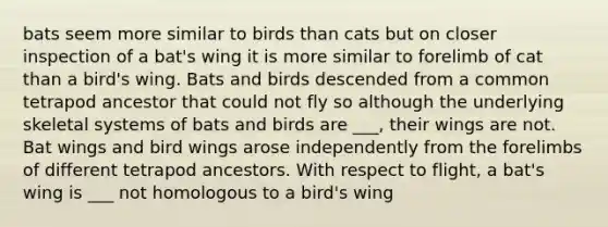 bats seem more similar to birds than cats but on closer inspection of a bat's wing it is more similar to forelimb of cat than a bird's wing. Bats and birds descended from a common tetrapod ancestor that could not fly so although the underlying skeletal systems of bats and birds are ___, their wings are not. Bat wings and bird wings arose independently from the forelimbs of different tetrapod ancestors. With respect to flight, a bat's wing is ___ not homologous to a bird's wing