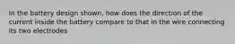 In the battery design shown, how does the direction of the current inside the battery compare to that in the wire connecting its two electrodes
