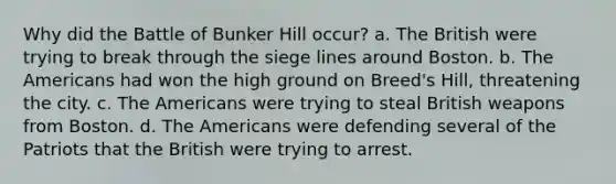 Why did the Battle of Bunker Hill occur? a. The British were trying to break through the siege lines around Boston. b. The Americans had won the high ground on Breed's Hill, threatening the city. c. The Americans were trying to steal British weapons from Boston. d. The Americans were defending several of the Patriots that the British were trying to arrest.