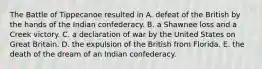 The Battle of Tippecanoe resulted in A. defeat of the British by the hands of the Indian confederacy. B. a Shawnee loss and a Creek victory. C. a declaration of war by the United States on Great Britain. D. the expulsion of the British from Florida. E. the death of the dream of an Indian confederacy.