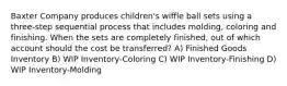 Baxter Company produces children's wiffle ball sets using a three-step sequential process that includes molding, coloring and finishing. When the sets are completely finished, out of which account should the cost be transferred? A) Finished Goods Inventory B) WIP Inventory-Coloring C) WIP Inventory-Finishing D) WIP Inventory-Molding